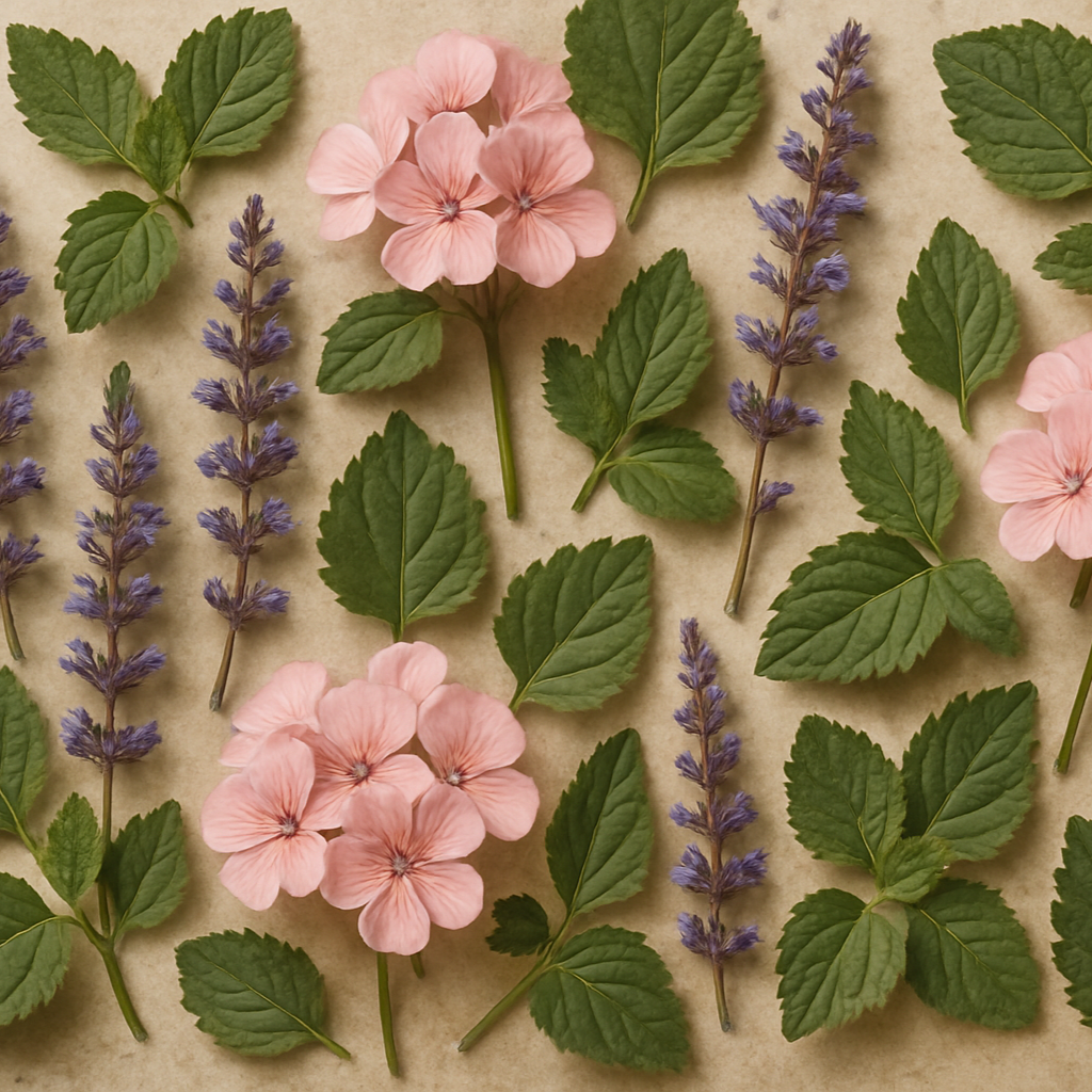 Flat lay variation of geranium, clary sage, and patchouli