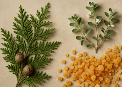 Flat lay arrangement of cypress, marjoram, and frankincense