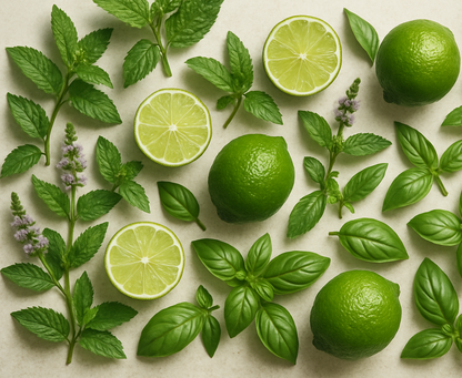 Flat lay arrangement of lime, peppermint, and basil