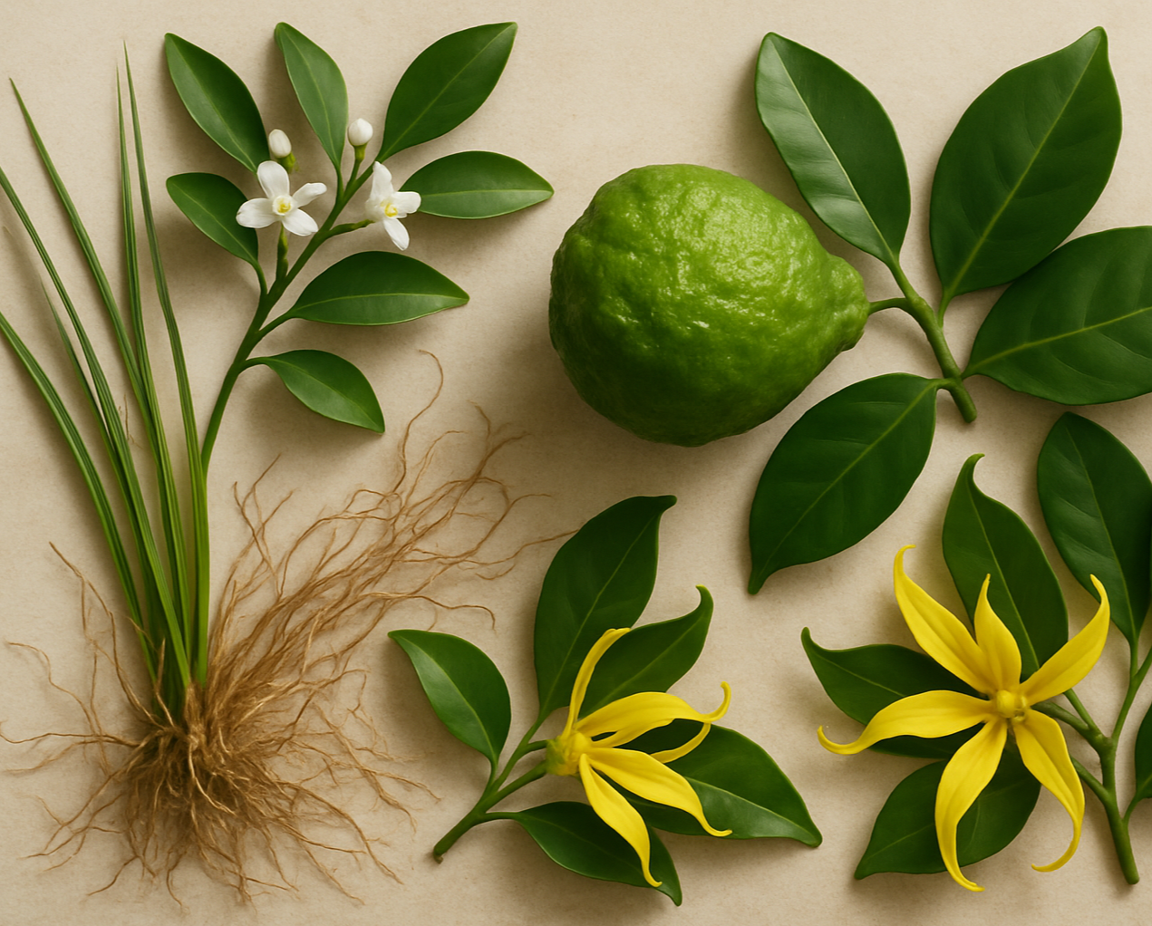 Flat lay arrangement of petitgrain, bergamot, ylang ylang, and vetiver