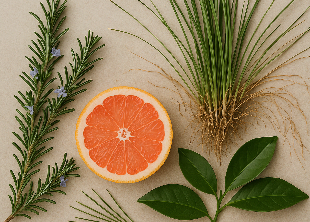 Flat lay arrangement of rosemary, grapefruit, and vetiver